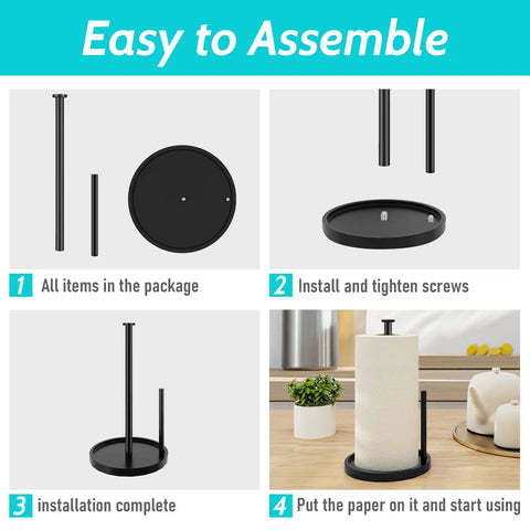 Easy assembly steps for Stainless Steel Freestanding Paper Towel Holder For Countertop, Black Rack With Anti Slip Weighted Base.