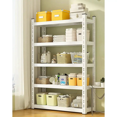 Workhorse 5 Tier Heavy Duty Metal Wire Shelving Rack With Adjustable Heights Supporting 200 Pounds Per Shelf for Rough Garage Tasks and Smooth Kitchen Organization Setup in Basement or Warehouse featuring neatly organized bins and towels.