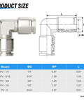 Diagram and dimensions of 304 Stainless Steel Push To Connect Elbow Fitting Three Eighths Inch Outer Diameter 90 Degree