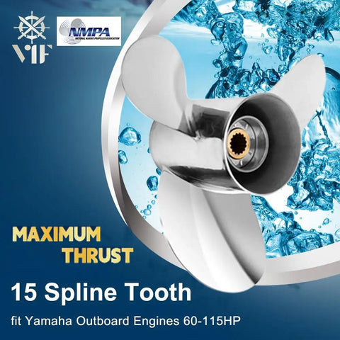 Boat Propeller For Yamaha Outboards 60 To 115 HP, Go To Upgrade Thirteen And A Half Inch By Fifteen Pitch, Right Hand Rotation, 3 Blades, Duplex Stainless Steel OEM Replacement For Yamaha 60 70 75 80 85 90 100 115 HP Motors, shown with 15 spline tooth design