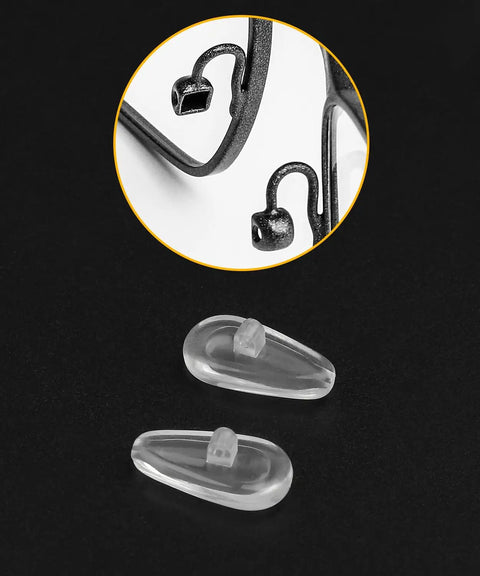 Right Up Your Alley Clear Silicone Nose Pads For Oakley Shades And Eyeglasses, Zero Slip Grip With Complete Driver Kit close-up of two nose pads with screw mounts.