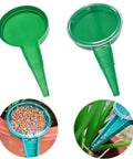 Top view of green seed spreaders with close-up images showing seeds and usage. 7 Piece Mini Handheld Seed Spreader Kit With Adjustable Speeds 12 Hole Dibber And Pro Grade All In One Seed Dispenser Planter For Lawn Garden Farm Yard Sowing Easy Seedling Transplanting Set.