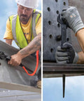 Worker using Heavy Duty Construction Spud Wrench With Tether Hole For Quick Nut Alignment, Made In USA, 1-7/16-Inch Opening And 7/8-Inch Bolt, Forged In US Alloy Steel For High Leverage And Tough Nut Work on steel beams on construction site.