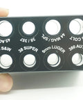 Slick Multiple Caliber Cartridge Gauge And Chamber Checker Billet Aluminum Reload Tool showing 9mm Luger, 45 ACP, and more.
