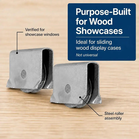 Heavy Steel Showcase Sliding Window Roller Assembly And 2 Pack Of 9/16 Inch Diameter Glass Display Case Wheels for wood display cases.
