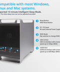Rock Solid 5 Bay External Hard Drive Enclosure Packing No Sweat USB 3.0 And ESATA Ports for 2.5 And 3.5 Inch SATA Drives rear view, showing ports and controls.