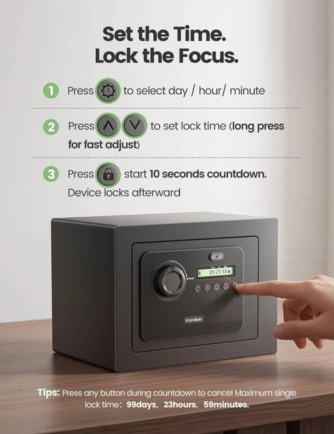 Lock In Your Daily Grind With This Heavy Duty Metal Timed Lock Box Featuring A Reliable 99 Day Timer display settings and countdown features.