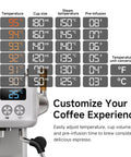 Programmable Espresso Machine With 58mm Stainless Steel Portafilter Adjustable Temperature And Cup Size Smart Display And Pressure Gauge Up To 20 Bar For Barista Grade Shots At Home showcasing customizable settings on digital display