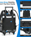 Back view of transparent rolling backpack with three stage telescopic handle, illustrating triple-strap stability and luggage sleeve.