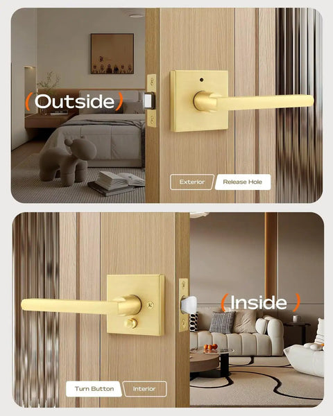 Gold Finished Heavy Duty Interior Door Handle Set With No Fuss Privacy Lever For Bedroom And Bathroom showing exterior and interior view.