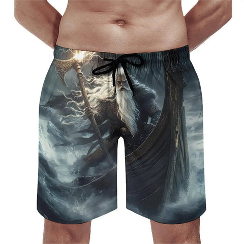 Dragon Boat Viking Themed Mens Board Shorts With Drawstring Waist Quick Dry Swim Trunks featuring viking ship design