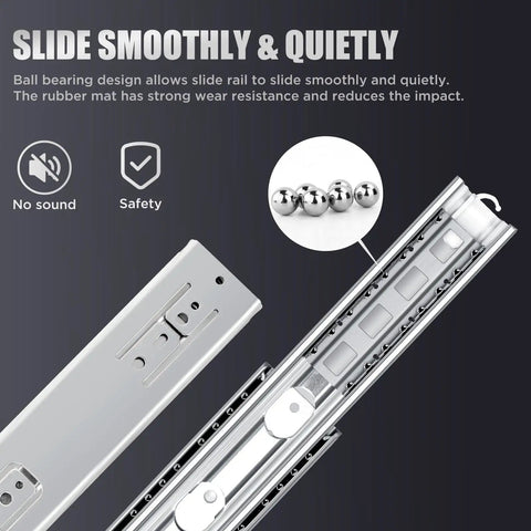 Rock Solid Heavy Duty Full Extension Drawer Slides With Ball Bearing Cabinet Runners Cold Rolled Steel Build 150 Pound Load Capacity showing smooth glide mechanism with ball bearings.