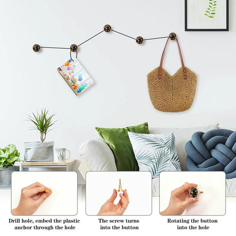 Rustic Forest Mushroom Cabinet Knobs 4 Pack shown on wall holding a bag and calendar, with decorative plants nearby.
