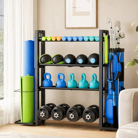 Heavy Duty Four Tier Dumbbell Rack With Dedicated Yoga Mat Holder And Straight Fire Home Gym Weight Storage Organizer For Kettlebells Rollers And Bands, showcasing weights and yoga mat.
