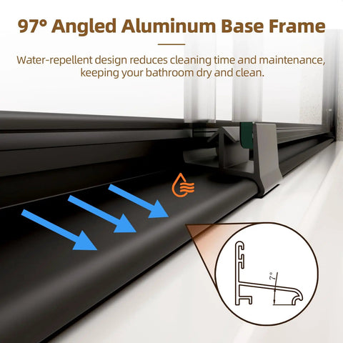 97° angled aluminum base frame for Solid Build Matte Black Double Sliding Shower Door 56 To 60 Inches Wide X 70 Tall with water-repellent design.