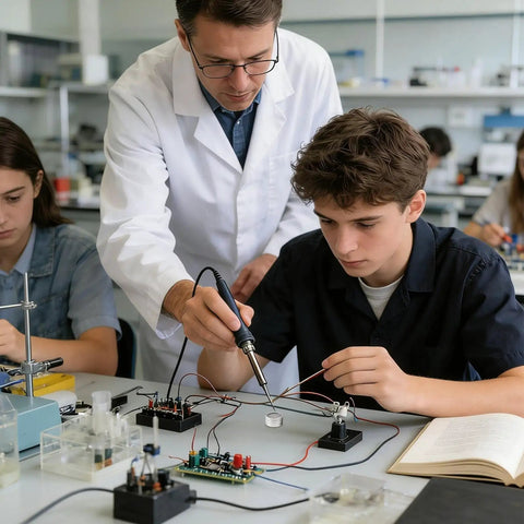 Instructor guides student using DIY Friendly Oxidation Removal Tinner Paste For Soldering Iron Tips in electronics repair class.