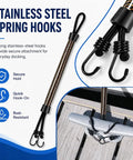 2 Pack Bungee Dock Lines For Tidewater 2300 CB Boat showing stainless steel spring hooks and mooring on dock
