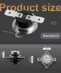 KSD301 Snap Action Bimetal Thermostat Switch product size and dimensions for DIY air cooling fans and small appliances