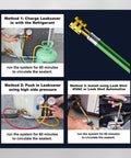 Leak Saver Direct Inject 3-in-1 AC refrigerant leak sealer kit collage showing gauges, green hose and install steps