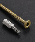 Close-up of Size Ten Deck Screws 2 And 1 Quarter Inch Exterior Wood Screws, T25 Star Bit, serrated threads, bronze epoxy finish