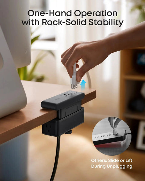 Top Tier Desk Organizer Power Strip Featuring Space Saving Clamp Design 70W Usb C Rapid Charge Ten Port Layout Pro Grade Surge Suppressor in use with one-hand operation