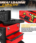 Heavy Duty Rolling Tool Chest With Three Tier Stackable Design On Wheels For Tools And Small Parts, Modular Drawer System And Mobile Garage Organizer, Durable Steel Box For Shop Or Garage, Black Red Finish showcasing open drawers with tools.