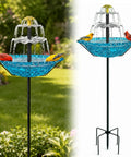 Solar Fountain Bird Bath For Outdoor Backyard Yard Metal Bird Bath Bowl On Stake 1.45 Gal Water Dispenser For Birds Vintage Blue Garden Decor For Patio Lawn, showing vintage blue metal bowl with solar fountain on stake, attracting birds in garden setting.