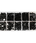 300-Piece Black Hex Socket Cap Screw Assortment Kit In M2 M2.5 M3 Sizes Packed With Gnarly Carbon Steel DIN912 Fasteners in storage case.