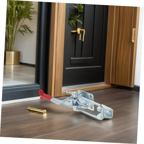 Heavy Duty Galvanized Toggle Latches For Toolbox And Draw Chest With Quick Release Pull Mechanism Offers 2183lbs Holding Capacity shown in use on a door.