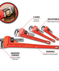 Heavy Duty Adjustable Pipe Wrench Set Including 8, 10, 14, And 24 Inch Wrenches For Plumbing And Heavy Busting Jobs, displayed