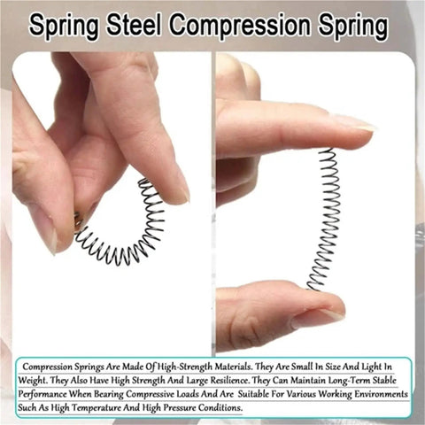 Get That Perfect Repair With These 50 Pieces Of Micro Compression Springs, Featuring Solid Steel Build And Awesome Elastic Power For Any Tough Project, Wire Sizes Range From Half Millimeter Up To Three Quarters Inch, Outer Diameter Runs Four To Twelve, steel compression spring held between fingers