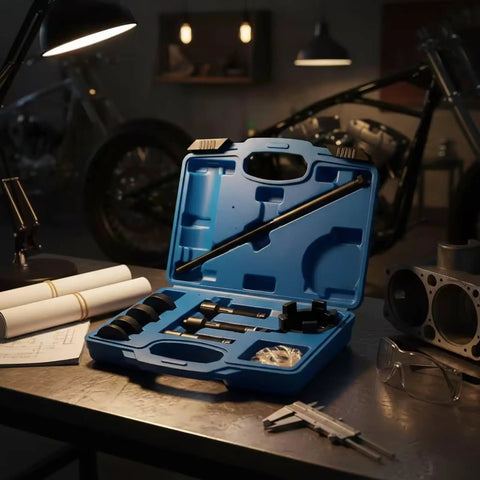 Badass Motorcycle Wheel Bearing Puller Tool Kit Removing Hydraulic Hub Bearings Includes Heavy Carbon Steel Long Threaded Rod Molded Case Keeps Tools Organized Installing Extracting Parts Smoothly Fixing Your Ride Without Stress No Hassle open case with steel rod and adapters