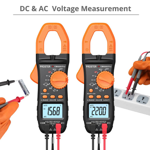 Two True RMS Clamp Meter 800A AC DC with 6000 Count Multimeter showing voltage measurement on digital display.