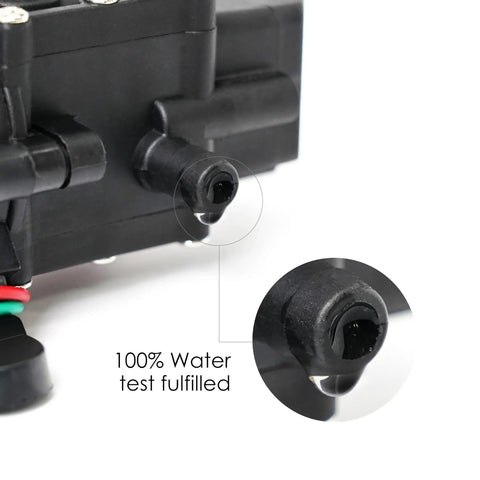Close-up of 12V Diaphragm Water Pump One Point Two GPM 80 PSI Self Priming Sprayer Pump with pressure switch, water test droplet.