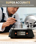 Man using Digital Kitchen Scale For Bakers And Hobby Crafters, High Precision Food Scale With 22lb Capacity on table