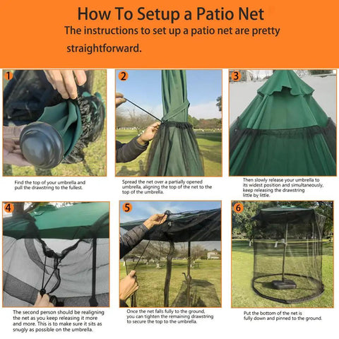 Steps for setting up a patio umbrella netting, from unfolding to securing at the base on grass, showing polyester mesh and zipper door.