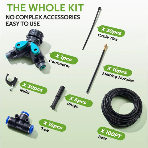 Plug And Play 360 Degree Adjustable Drip Irrigation System Kit with fittings, nozzles, 100 ft hose, and accessories overview