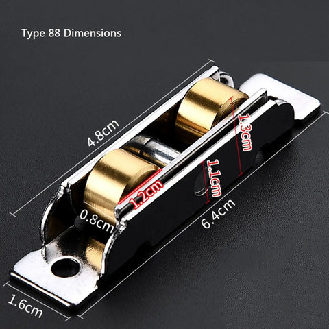Heavy Duty Sliding Door Rollers 88 Type Double Groove Pulley showing dimensions of rollers with brass wheels and metal body.