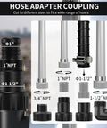 Various hose adapter couplings showing multiple sizes compatible with 1.6HP Stainless Steel Sump Pump With Auto Float Switch.