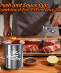 All In One BBQ Basting Brush And Sauce Cup Set For Grilling, Spill Proof Brush With Attached Sauce Cup used on steak