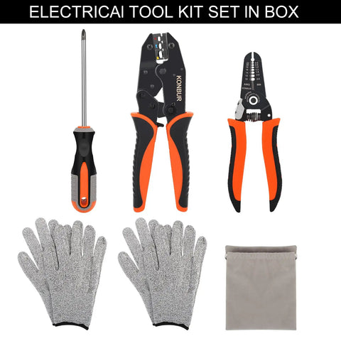 Marine And Automotive Electrical Tool Kit With Wire Connectors And Terminals with crimper, screwdriver, gloves, and pouch shown.