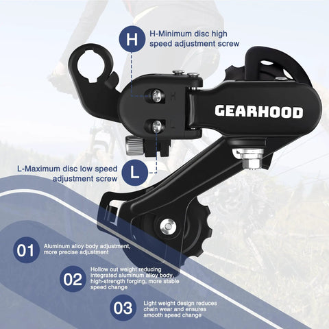 6/7 Speed Rear Derailleur Direct Mount, lightweight aluminum body, for mountain, hybrid, cruiser bikes, smooth shifting.