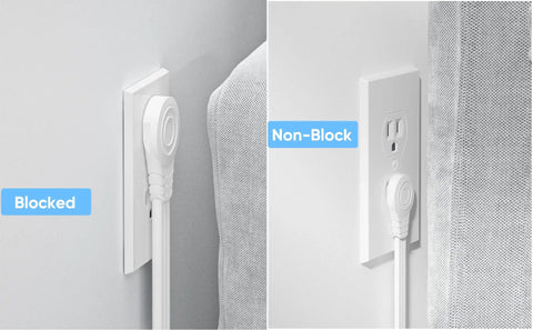 Flat Plug Power Strip With Five Foot Extension Cord showing blocked and non-block configurations for ease of use.