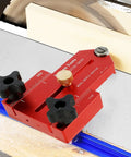 Precision Solid Aluminum Thin Rip Table Saw Jig With Base For Nail On Strip Cuts, detailed view showing aluminum jig components.