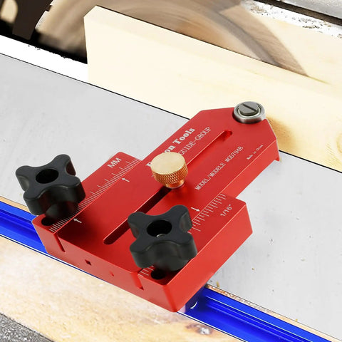 Precision Solid Aluminum Thin Rip Table Saw Jig With Base For Nail On Strip Cuts, detailed view showing aluminum jig components.