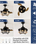 Dope Farmhouse Style Ceiling Fan With Light Black Cage Design Remote Control Retractable Blades shown open and closed, 36 inch.