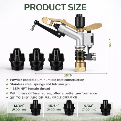 360 Degree Adjustable Impact Sprinkler With Nozzle Set For Large Area Irrigation Garden Farm And Lawn Sprinkler System with spare nozzles.