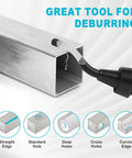 Aleric deburring tool with blue handle and swivel blade; 11 HSS blades for metal and plastic, front view.