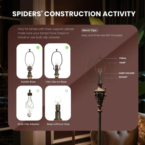 Diagram showing compatibility options for table lamps with harp support, part of Medium Square Tree Pattern Metal Lampshade For Table And Floor Lamps, 9 x 12 x 8.8 Inches, Spider Mount, Black Gold Finish, Harp Compatible, Durable Modern Home Decor product.