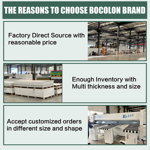 Bocolon HDPE white plastic sheets, 6x6 in, 1/4 in thick, stacked on pallets in a factory with machinery.